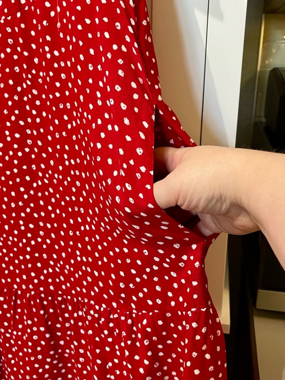 BloomChic Red & White Polka Dot Tiered Flutter Sleeve Dress with Pockets - Picture 3 of 7